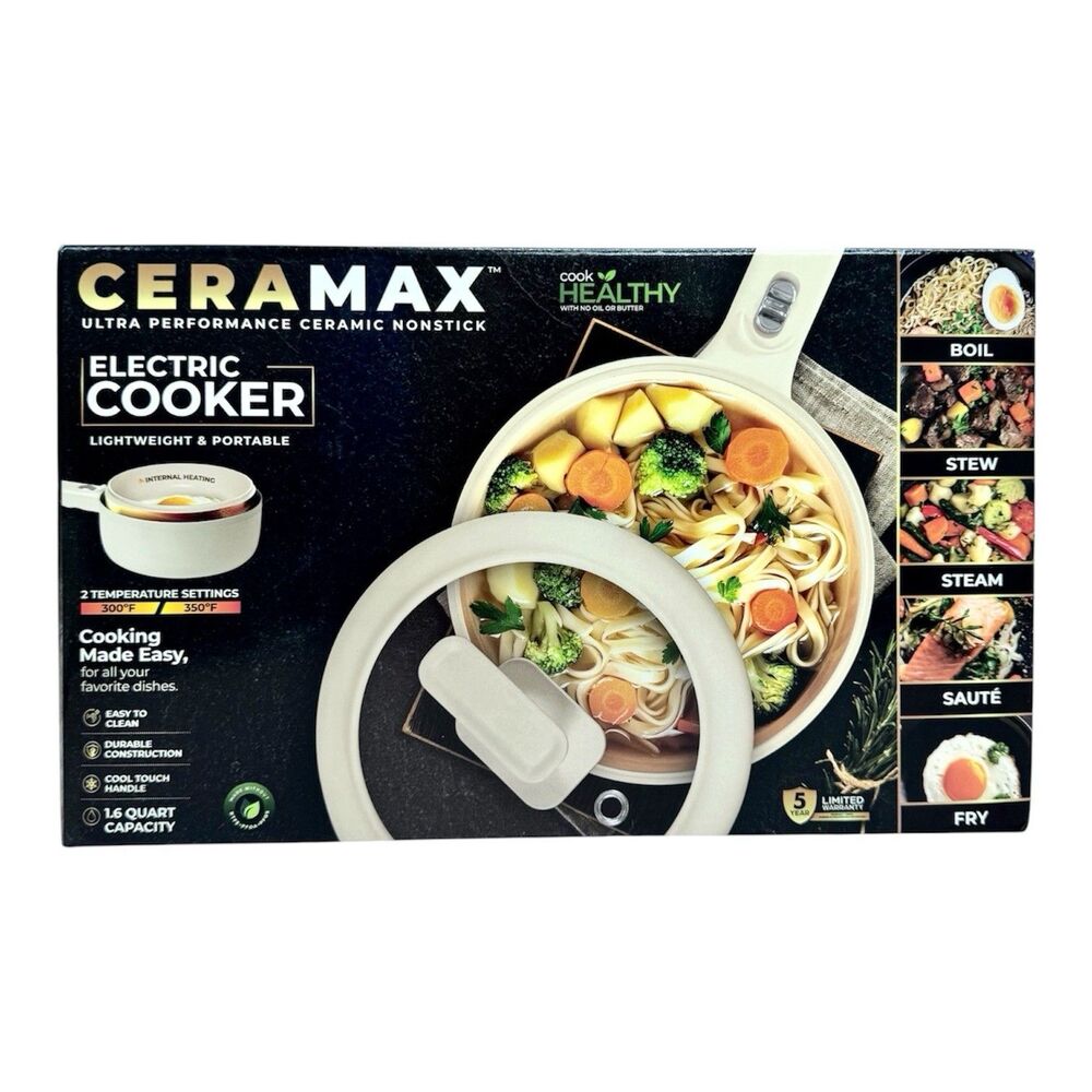 (A7) Ceramax Electric Hot Pot Ceramic Pan Cooker & Lid Steamer 1.6 New In Box